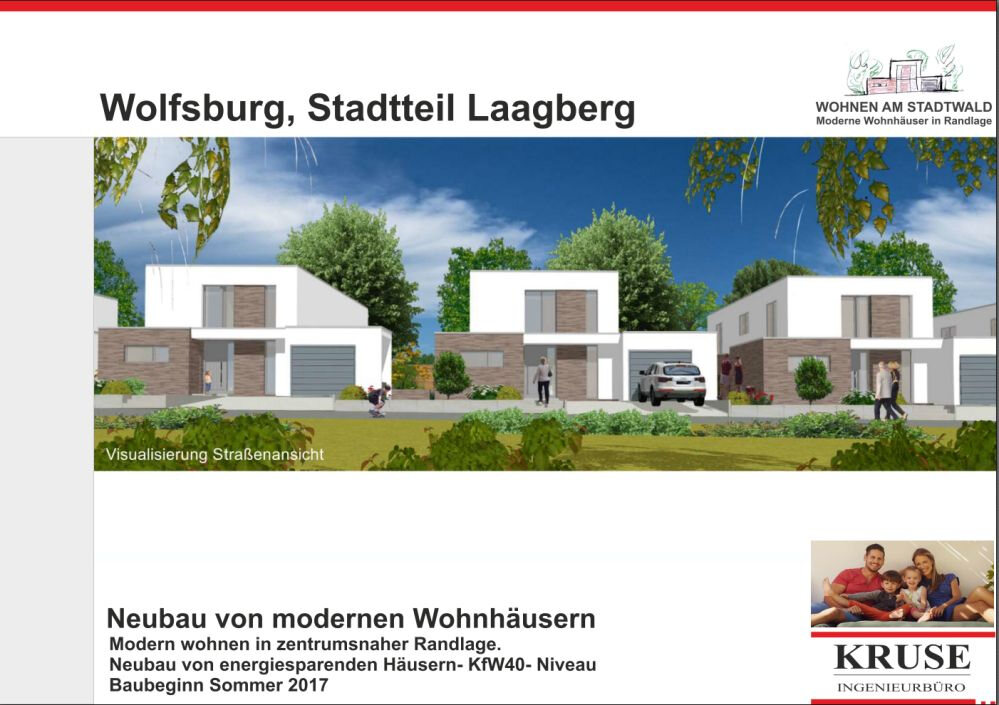 Visualisierung der Strassenansicht der Wohnhaeuser am Stadtwald in Wolfsburg-Laagberg