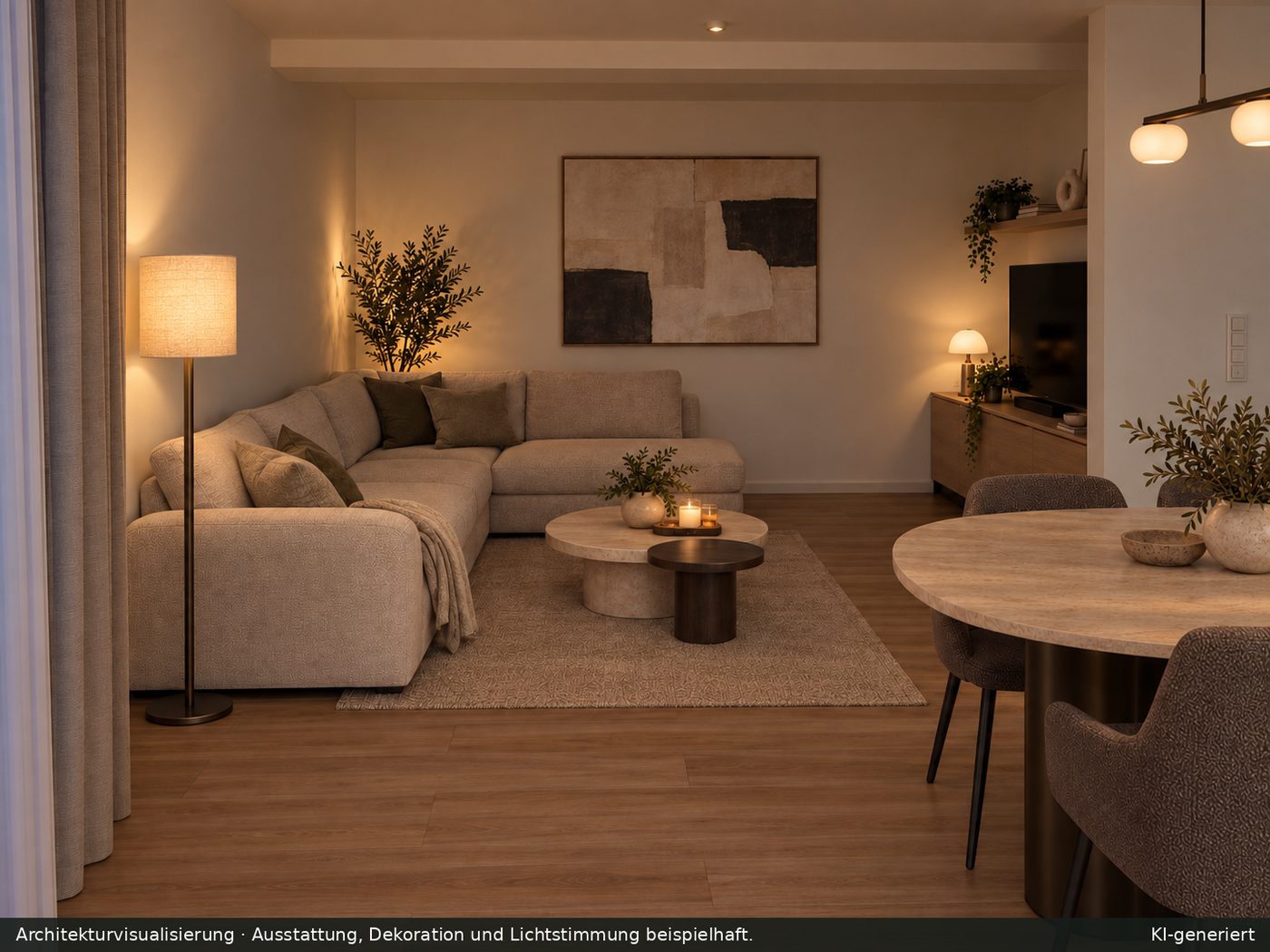 Wohnzimmer als Visualisierung mit heller Couch und Stehleuchte